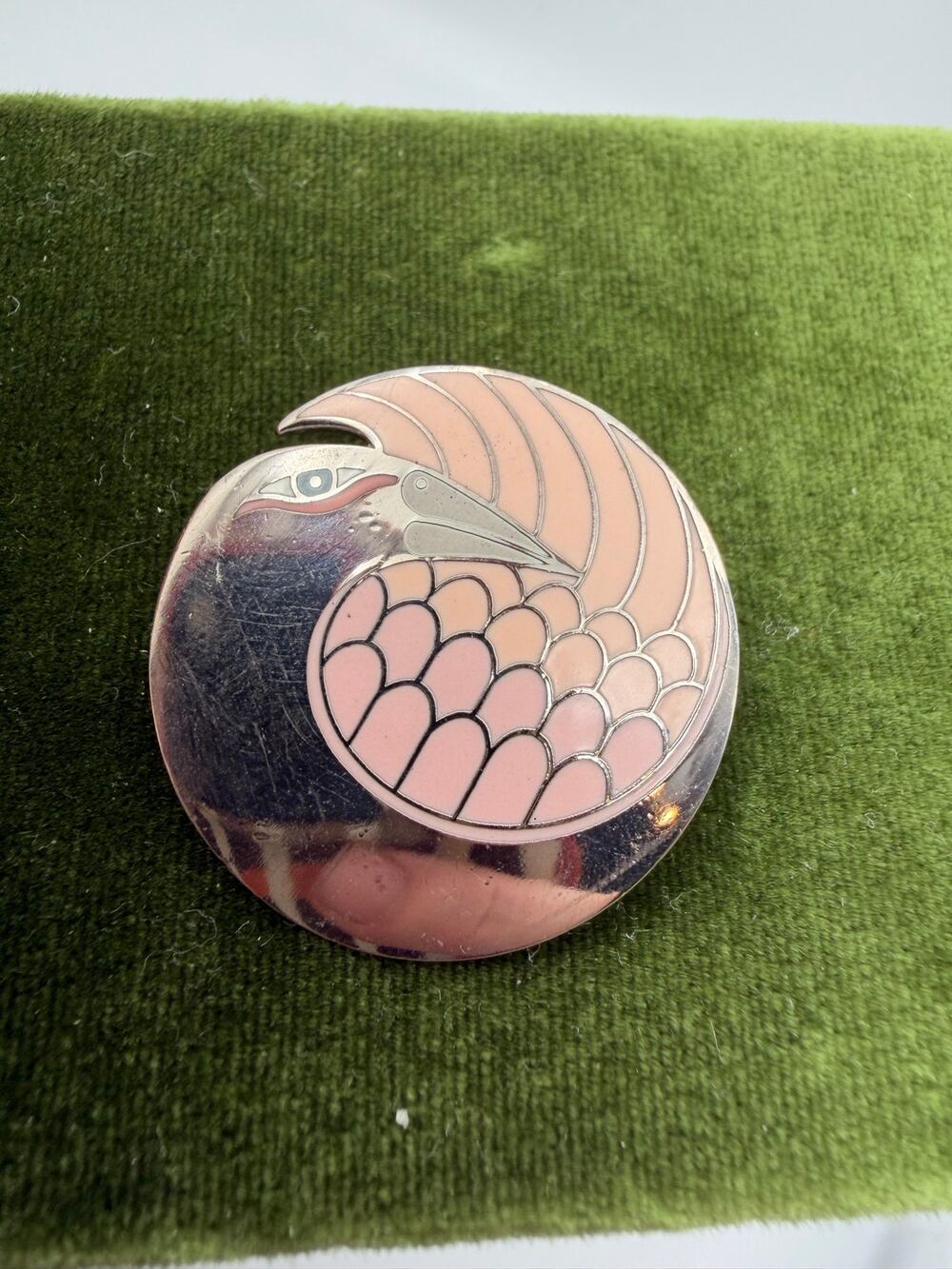 Vintage 1980s LAUREL BURCH "Mynah Bird" Silver Look Pink Enamel Brooch Pin